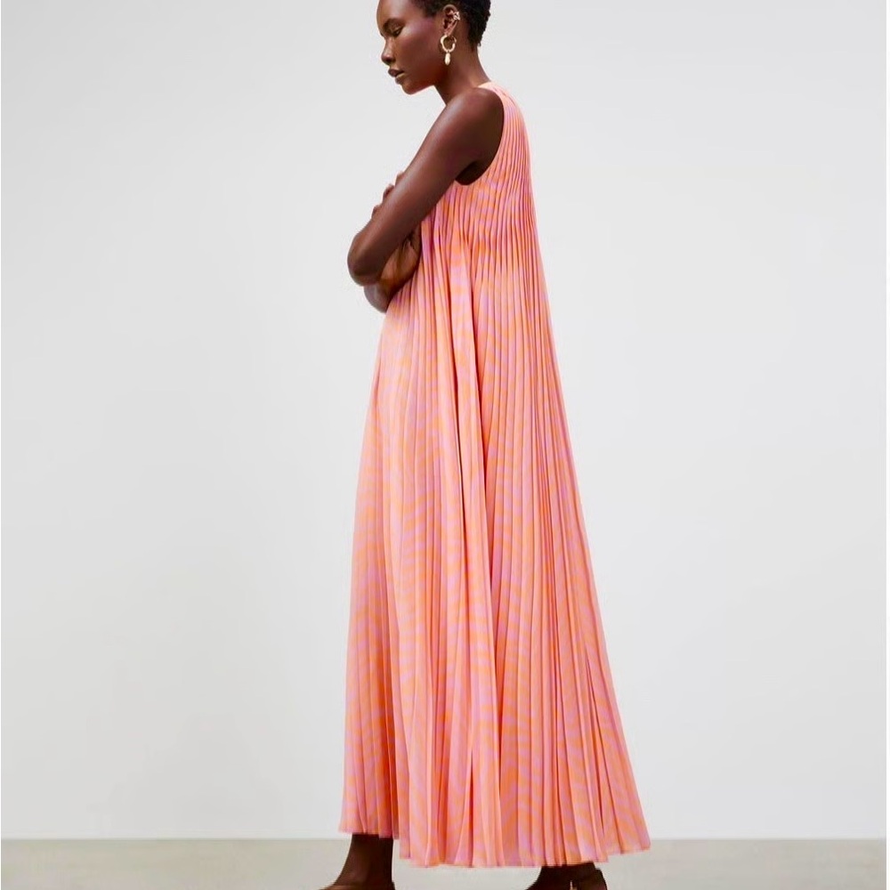 Willow Tiger Striped Pleated Pink and Orange Midi/Maxi Lafayette 148 Dress
